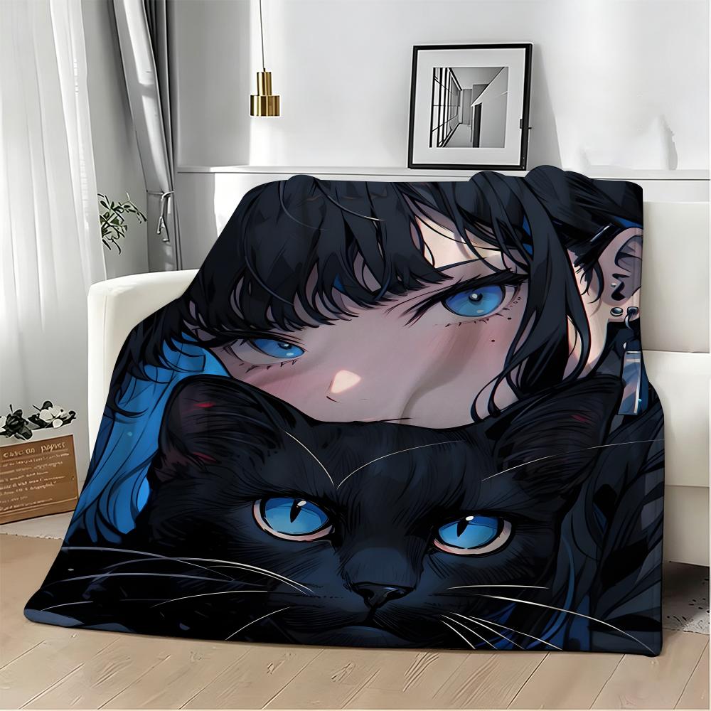 Semi realistic Dark aesthetic cat anime Throw Lightweight 240g Flannel Blanket Soft Skin-friendly for Summer Cooling