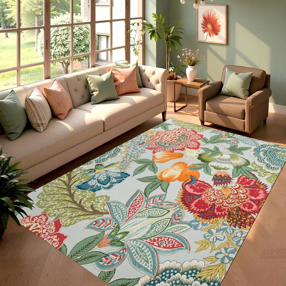 Vintage Floral Pattern Area Rug Plants Flowers Artistic Home Decor Carpet Soft Non-Slip Floor Mat for Living Room Bedroom