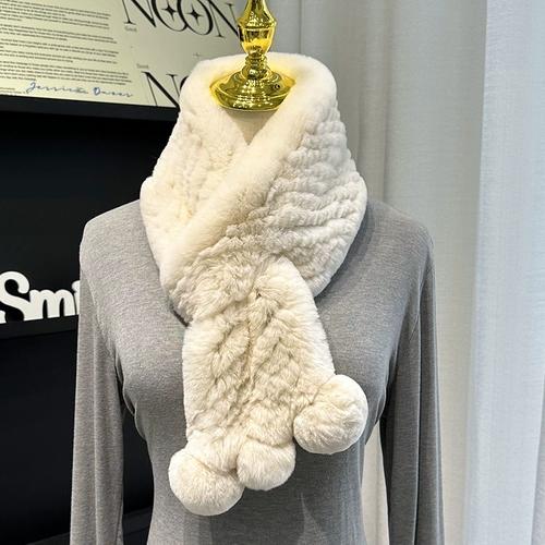 Korean Real Rex Rabbit Fur Whole Leather Woven Scarf Double-sided Thickened Warm Scarf Cute Ball Fur Collar Children