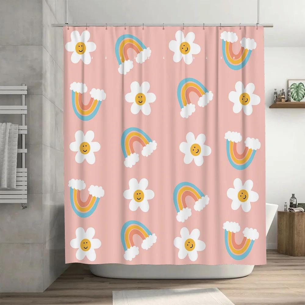 Charming Rainbows Smiling Flowers Shower Curtainsoft Pink Fabric Bathroom Decor For Kids Room Waterproof Fabric Various
