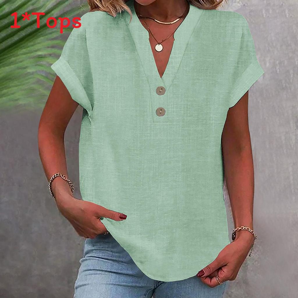 Summer Women Shirt With Stand Collar Short Sleeve Cotton Blended Fabric For Casual Wear