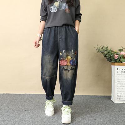 Lässige Haremshose mit lockerer Passform, für den Frühling und Sommer, Vintage-Stil, Stickerei-Jeans, Damen, hohe Taille, lockere Jeanshose mit Taschen