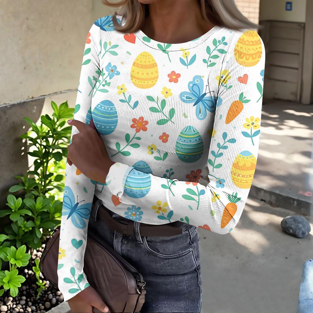 Women's And Winter Slim T-shirt Fashion Casual Printing Round Neck Pullover Long Sleeve Top