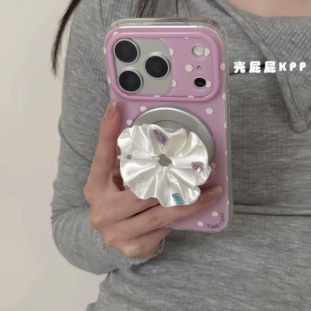 Ins Gentle Purple Polka Dot Temperament White Porcelain Flower for iPhone17promax Apple 16 Mobile Phone Case 15 Bracket