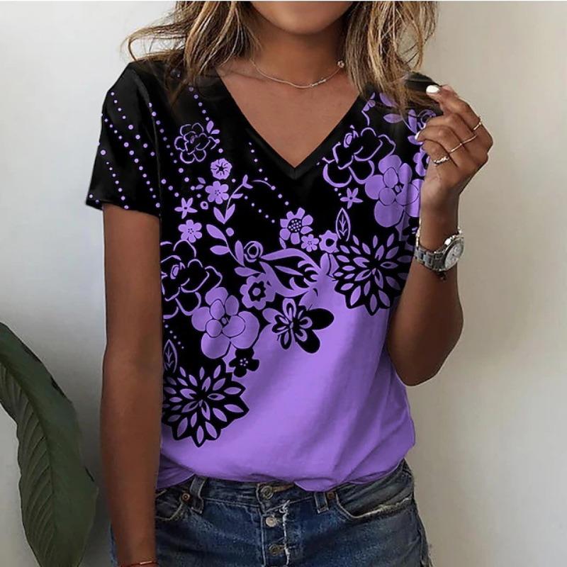 Women V Neck Floral Print Lace Patchwork Short Sleeve Casual T Shirt