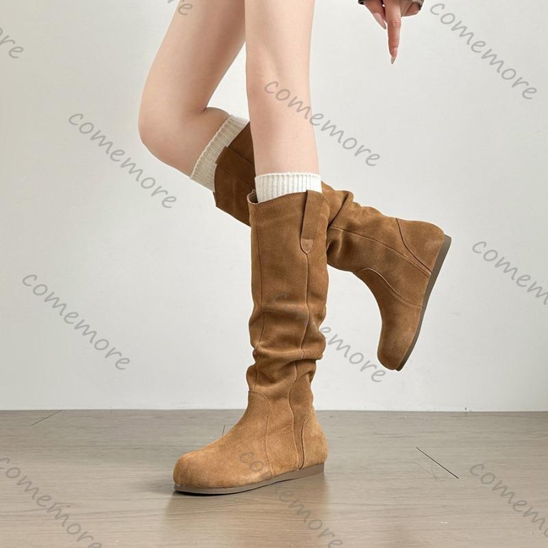 Comemore Stacked Long Boots New Round Head Pleated Flat Bottom Casual Women Autumn Shoes Suede Slip on Knee-high Botas Female