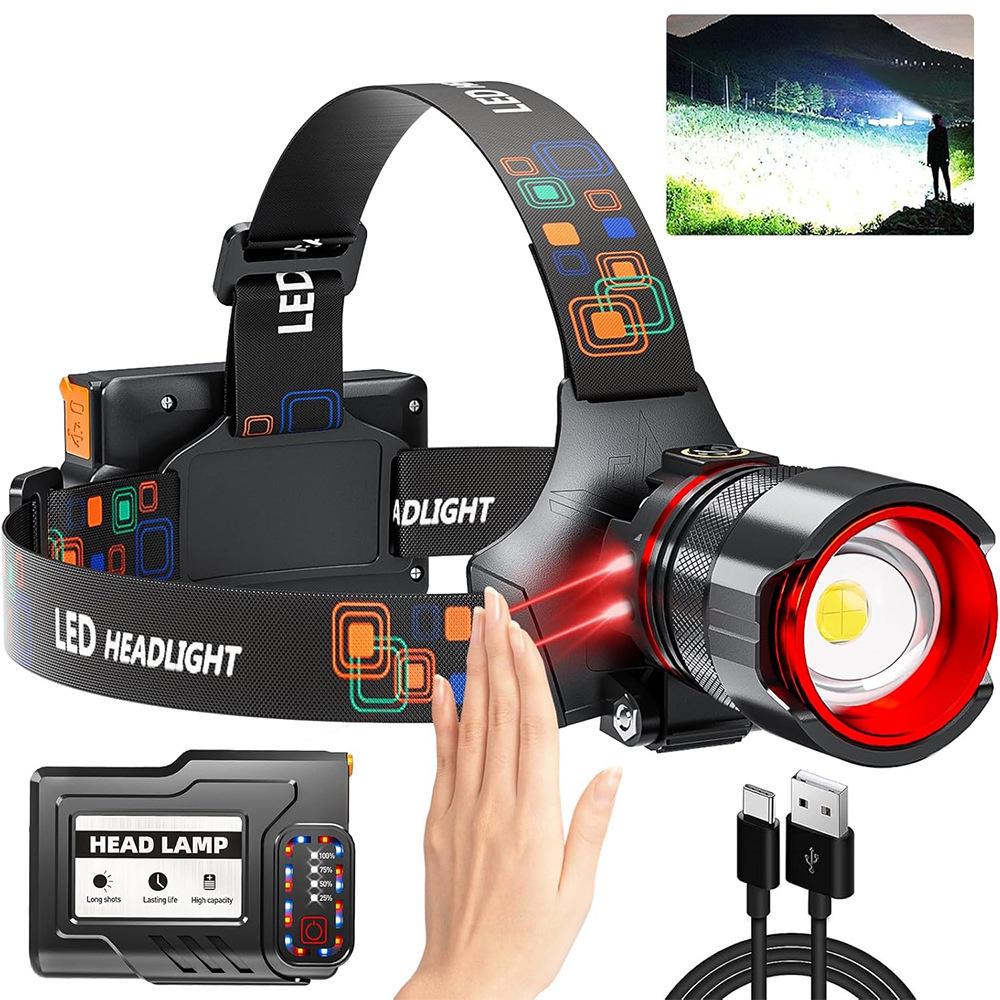 High-Brightness Zoom XHP50 LED Headlamp with Sensor, Rechargeable Battery, Long Life for Outdoor Night Fishing and Patrol