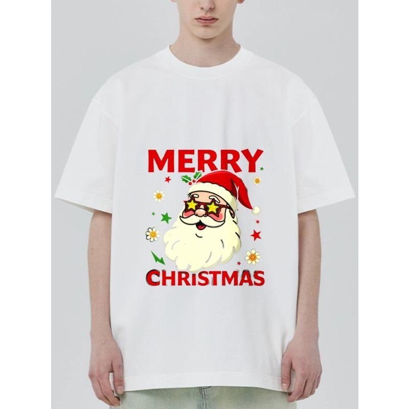 Christmas T-Shirt Black Santa Claus with Sunglasses and Stars Merry Christmas Print for Holiday Party