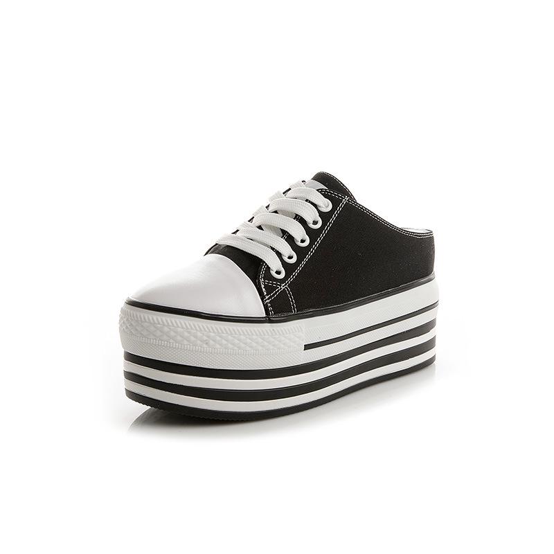 New Women's Height-Enhancing Canvas Slippers: Round Toe, Lace-Up, Thick-Soled Casual Shoes for Spring & Summer