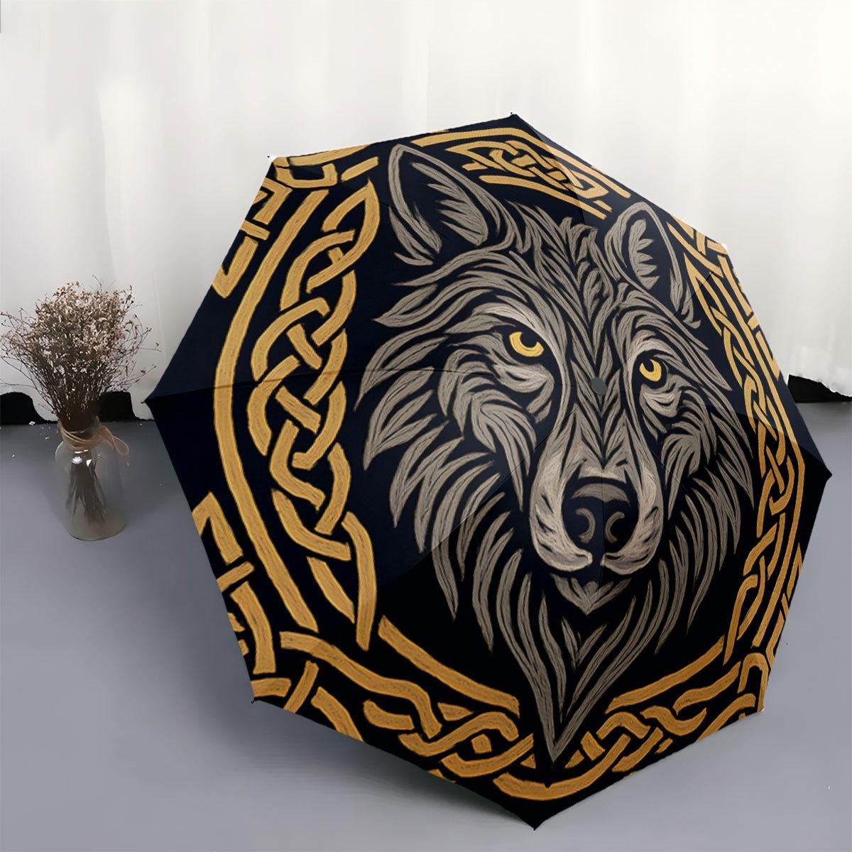 

Automatic Open/Close Folding Umbrella with Wolf Head & Celtic Knot Design - Compact Travel Umbrella, Windproof 8-Rib Shaft, El (as the picture,Iron&8K)