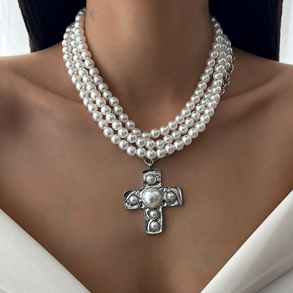 DIEZI Multilayer Vintage Imitation Pearl Cross Pendant Necklace For Women Punk Statement Chokers Clavicle Chain Necklace Jewelry