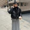 Women Autumn Winter Short Solid Color PU Leather Thicken Outwear Loose Cotton Padded Stand Collar Warm Jacket Coat