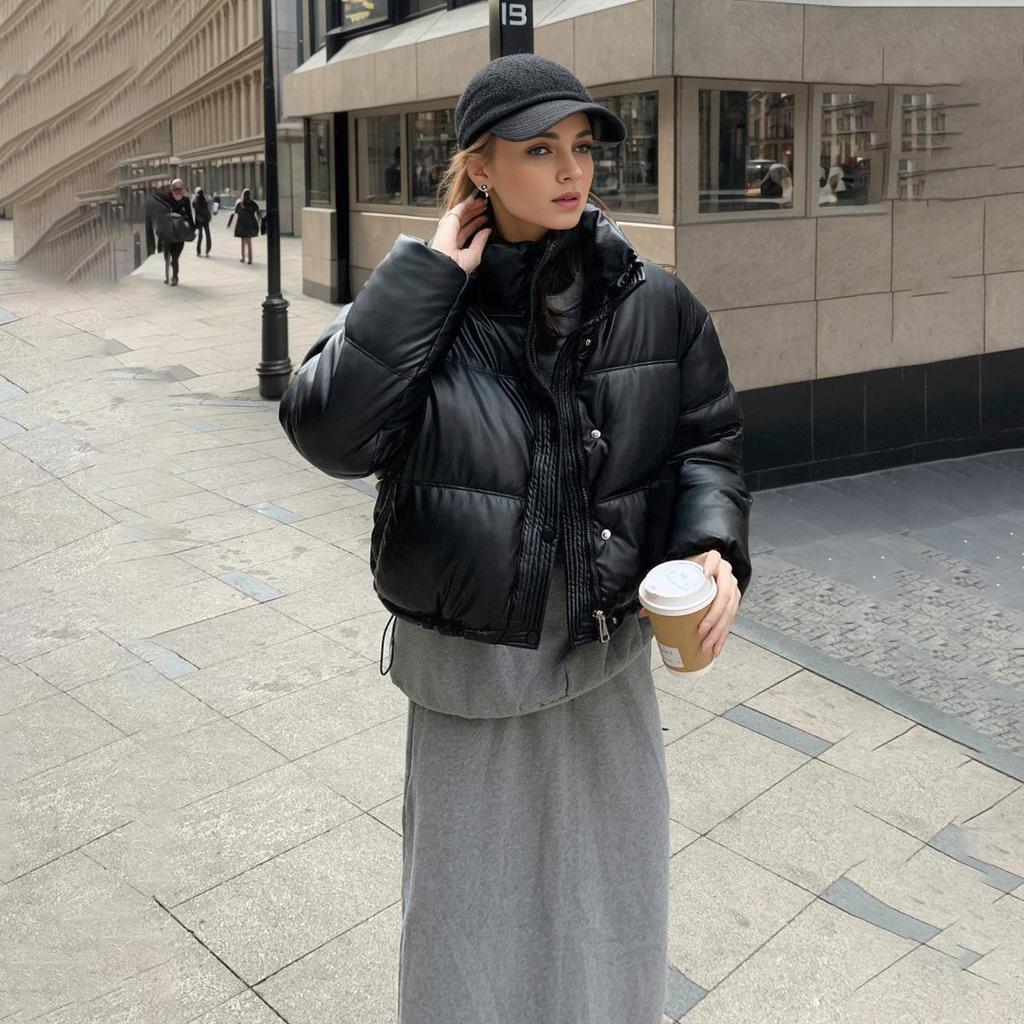 Women Autumn Winter Short Solid Color PU Leather Thicken Outwear Loose Cotton Padded Stand Collar Warm Jacket Coat