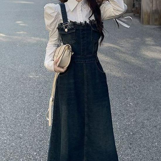 Korean Retro Slimming Denim Dress & Shirt Set for Women