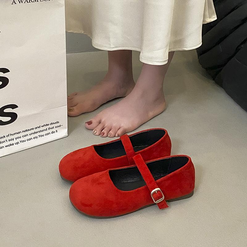 Gentle Evening Wind Ballet One-word Buckle Single Shoes Women's French Retro Round Head Shallow Mouth Flat Mary Jane Shoes