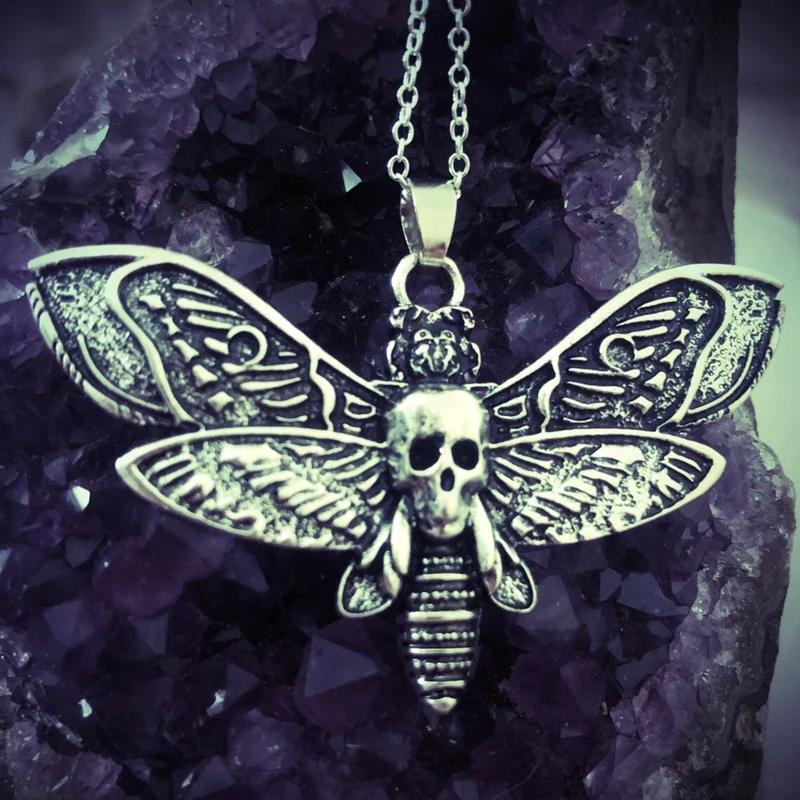 Death Moth Necklace Pendant 18inch Chain Sugar Skull Gothic Butterfly Rock Emo Goth Silver 18inch Strong Chain