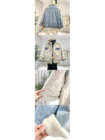 2025 Women's Winter Reversible Fleece-Lined Denim Jacket - Korean Style, Loose Fit, Lambswool, Casual Versatile Coat Trend