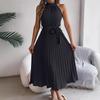 Sleeveless Summer Pleated A-line Dress Casual Solid Color Loose Party Lace-up Elegant Dresses Fashion Midi Sweet Stand Collar Holiday Clothing