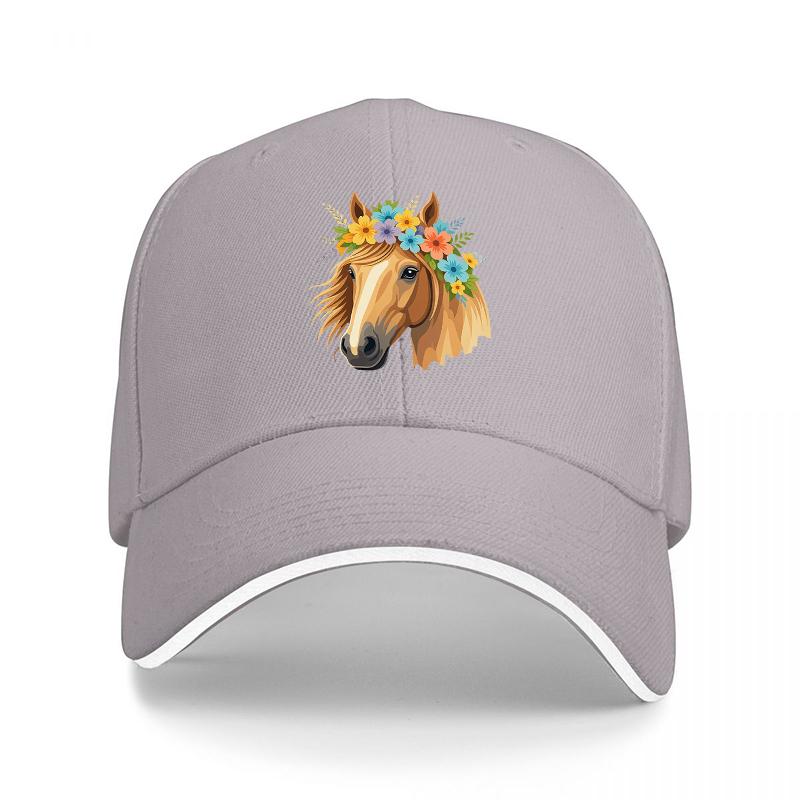 Floral Horse Head Design Baseball Cap Black Adjustable Hat with Colorful Flowers and Horse Pattern for Fashion and Style