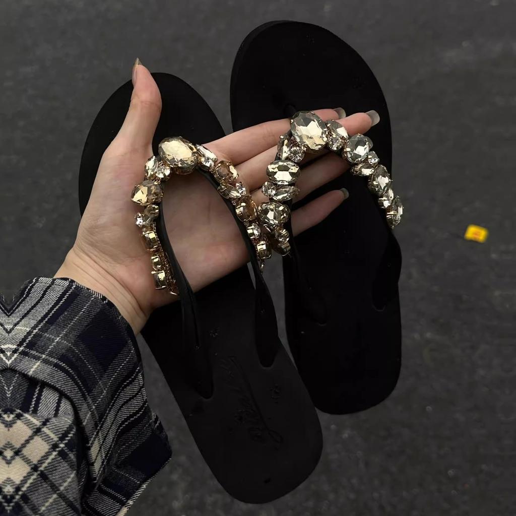 Summer rhinestone slippers women summer wear beach shoes clip drag cool slippers slope heel flip-flops women