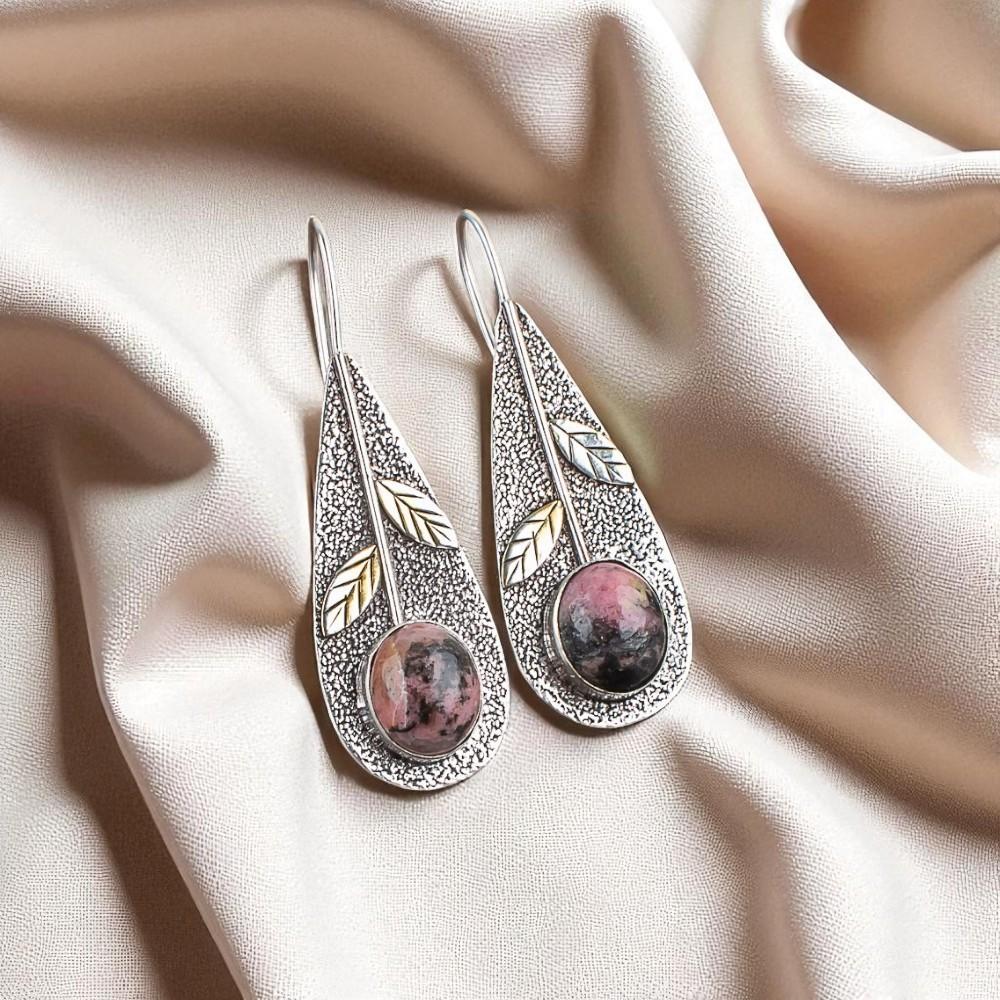 Black Rhodonite  Gemstone 925 Sterling Silver Jewelry Handcrafted Earrings 2.00" EE-72-27