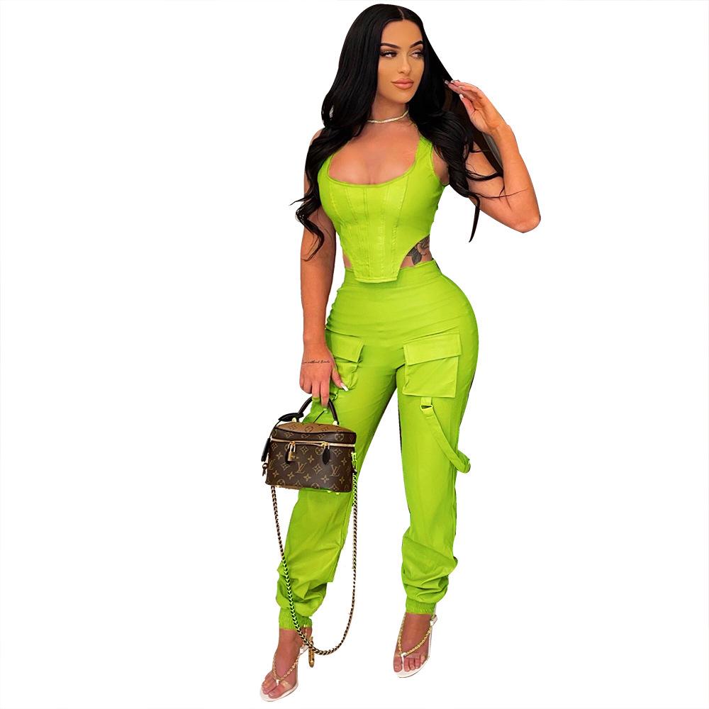 

Women s Strapless High Elastic PU Leather Workwear Two-Piece Set - Sexy European Fashion M неоновый зеленый
