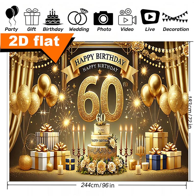 2D Plane - 1 Piece - Luxurious 60th Birthday Polyester Banner - Golden Glitter - Happy Birthday At 60 - Background Cloth
