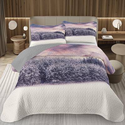 Natural Scenery Bedspread Queen/Twin,Snow Mountain Forest Print Coverlet,Winter Scene Quilt Set, Reversible Grey Quilted Bedding