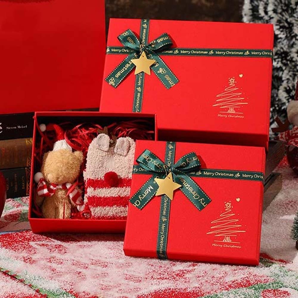 Premium Quality Christmas Gift Box Eco Friendly Thick Cardboard Red Present Packaging Gold Embossed Star Tag Included