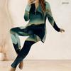 Women Plus Size Two Piece Pants Set Front Half Zip Long Sleeve Printed Longline Top Fitted Turquoise Pants