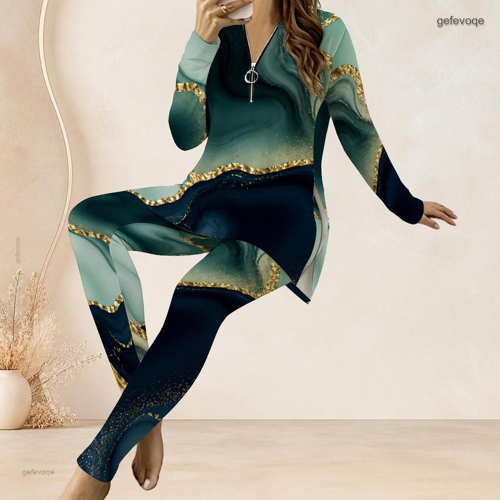 Women Plus Size Two Piece Pants Set Front Half Zip Long Sleeve Printed Longline Top Fitted Turquoise Pants