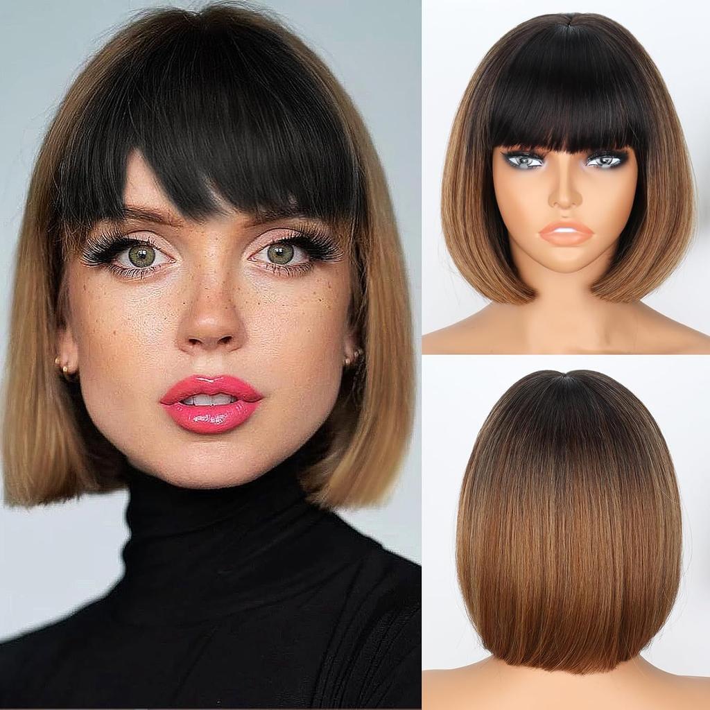 LISI HAIR Synthetic Short Straight Bob Wig Extension With Bangs Natural Looking Heat Resistant Fiber For Elegant Women Daily Wear