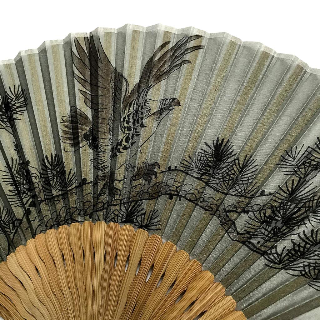 Hanakanzashi Silk Fan with Hawk and Old Pine Japanese 22cm Men's Design, Sumi-e (Ink Painting) Pattern, Gray,