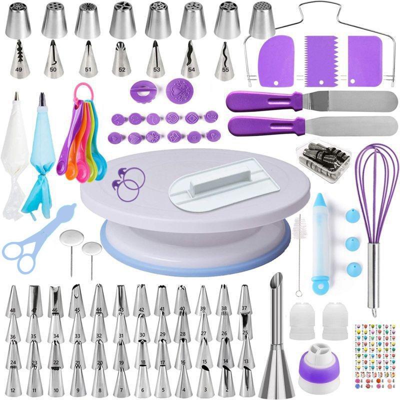 Cross-border 137 pieces cake turntable decorating table Nordic style baking tool set cake decorating kit (as the picture,purple 137-piece turntable set)