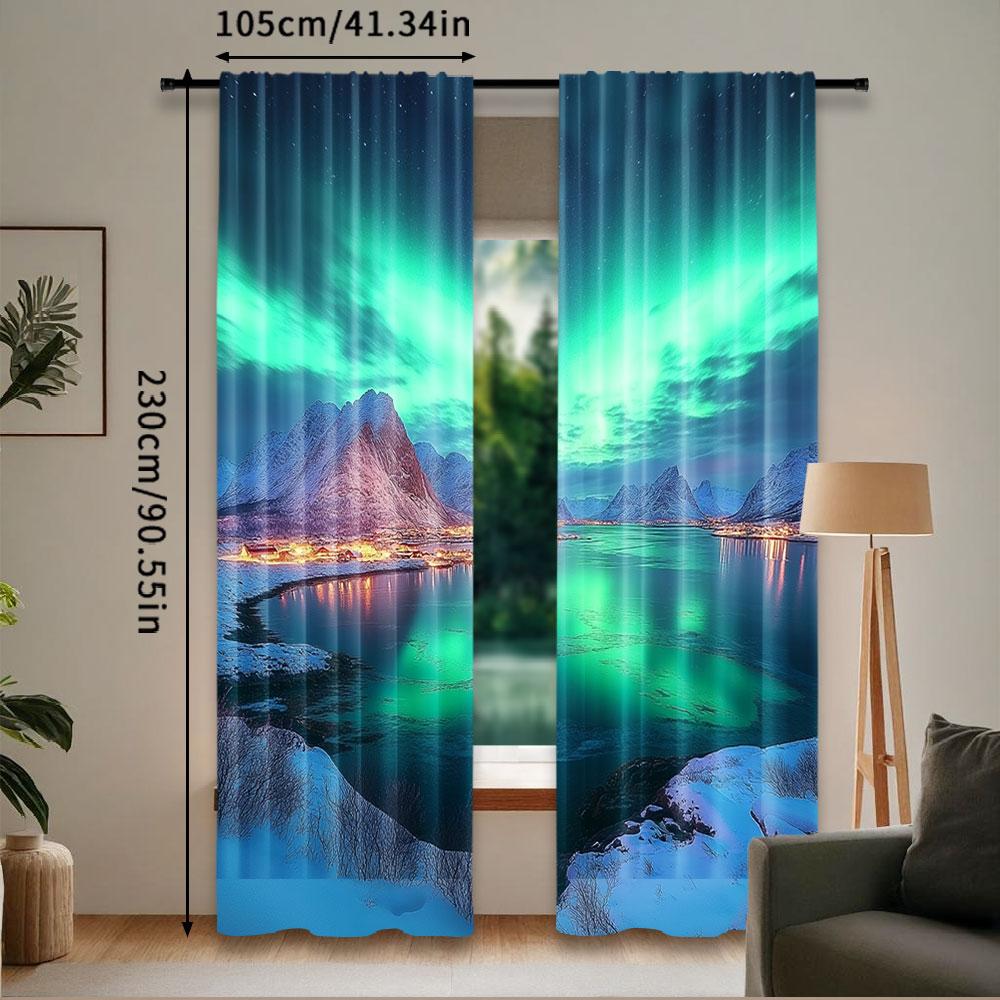 2Pcs Aurora Night Sky Curtain Snow Capped Mountains Lake Scenery Starry Sky With Polar Lights Norway Winter Landscape Home Decor
