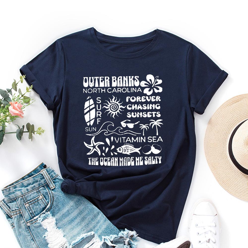 Alphabet Cotton T-Shirt Short Sleeve Round Neck Women 2d Print Tops