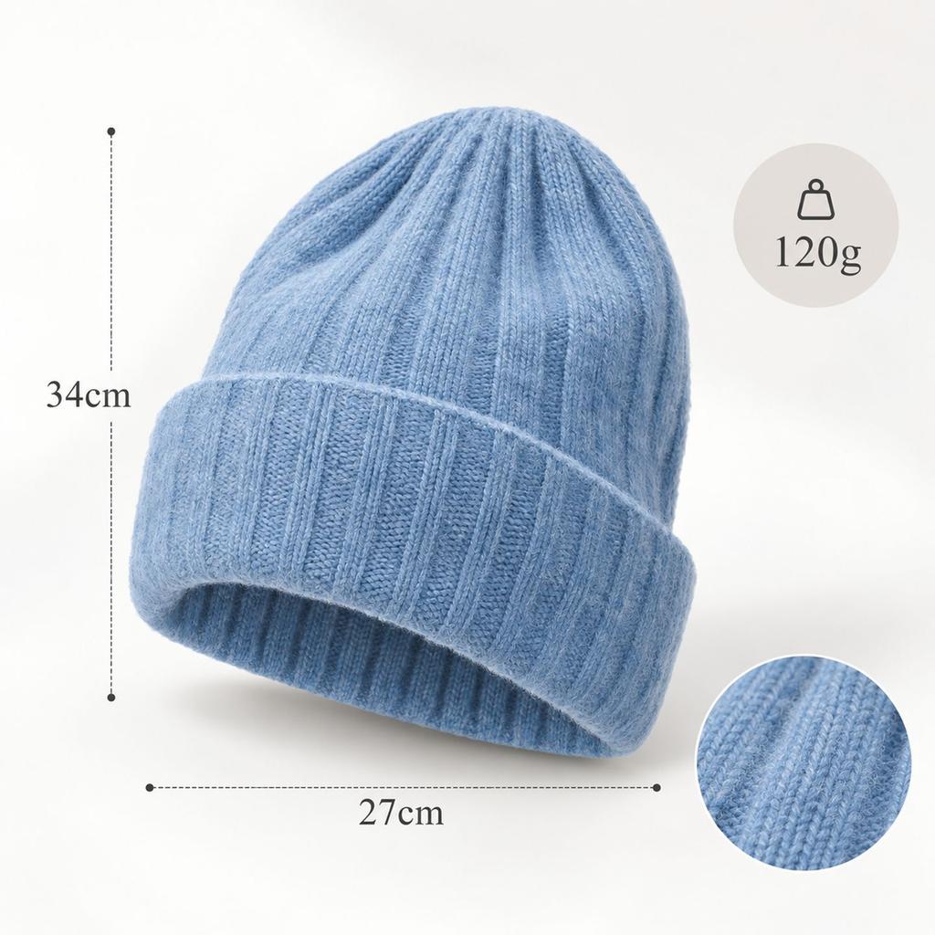 Double-layer thickened solid-color striped wool hat for men's autumn and winter knitting, curling to show a small face, warm cover, knitted hat for wo