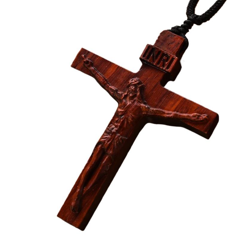 Jesus Cross Pendant Necklace - Handcrafted Rosewood Pendant with Religious Symbolism, Meaningful Gift for Faith & Devotion