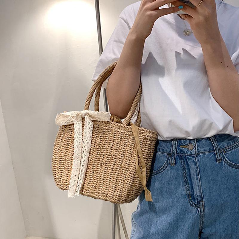 Geantă de mână din dantelă din paie de vară, geantă de plajă din ratan, cu capacitate mare