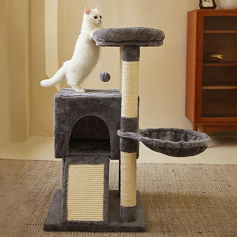 Cat Tree Luxury Cat Towers with Double Condos Spacious Perch Cat Hammock Fully Wrapped Scratching Sisal Post and Dangling Balls