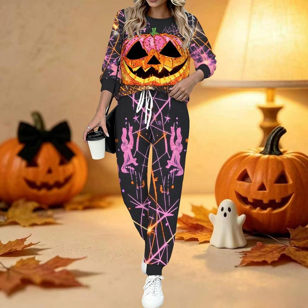Conjunto de Dos Piezas con Estampado de Halloween para Mujer, Top de Manga Larga con Cuello Redondo y Pantalones Jogger con Cordón, Chándal Casual para Primavera Otoño