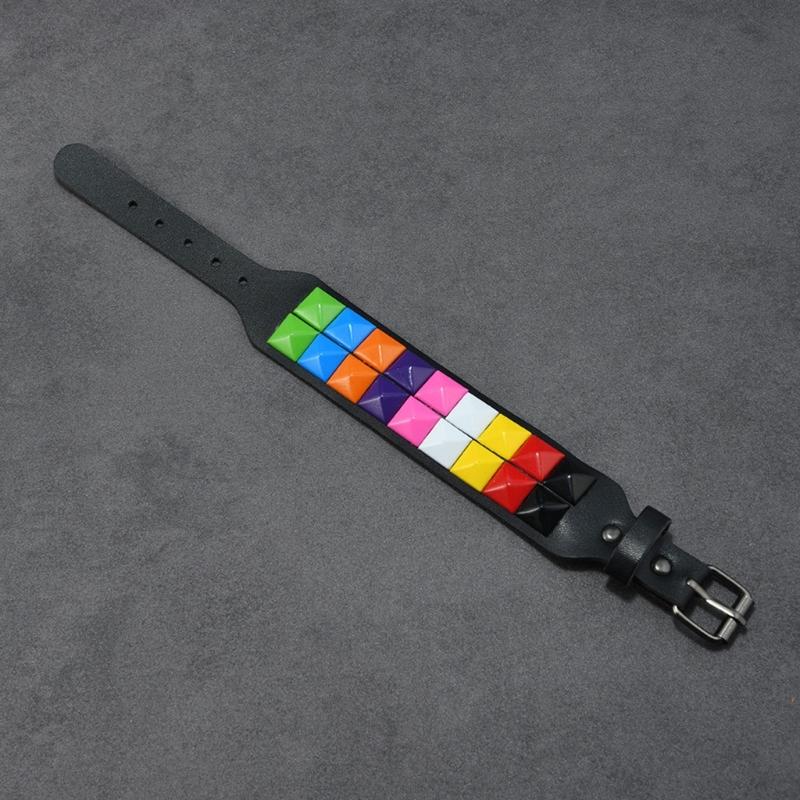 Studded Cuff Bracelet Double Row Square Studs Adjustable Closure PU Strap Punk Wrist Bangle for Concert Streetwear