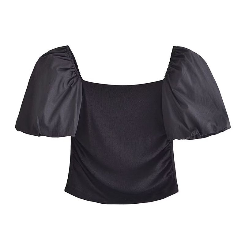 Ur European and American Puffy Panel Square Collar Shirt Short Sleeve Top