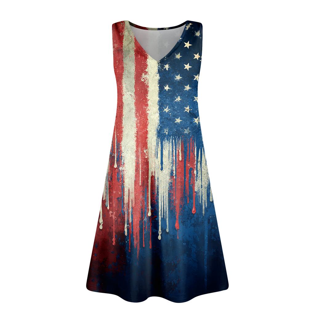 Women's Summer Casual Sun Skirt With Pocket V-Neck Independence Day Printed Loose Vest Dress