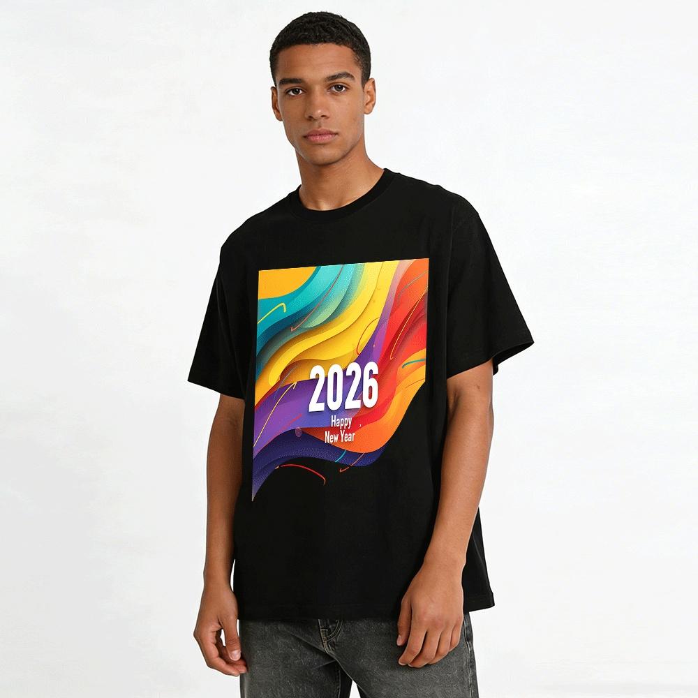2026 Happy New Year Color Gradient Trendy Casual Printed Top Pure Cotton T-shirt