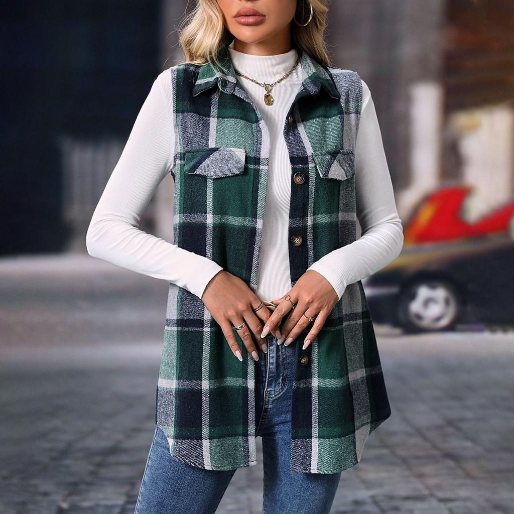 Women's Fashion  And Winter Plaid Loose Cardigan Sleeveless Vest Jacket