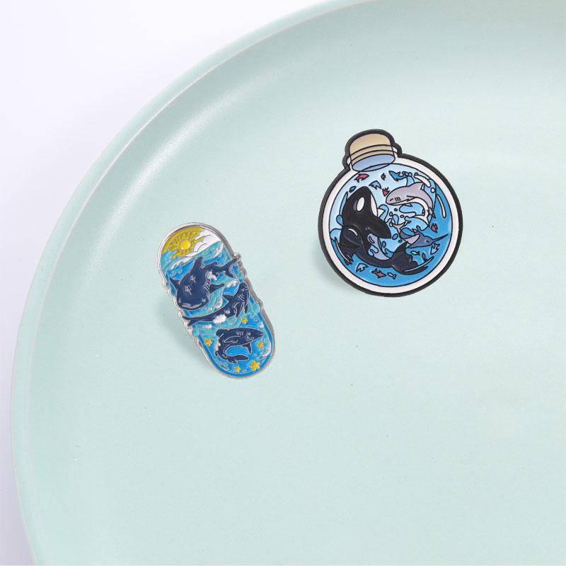 Ocean Marine Life Badge Nautical Style Enamel Pins Drift Bottle With Orca Shark Swordfish Brooch Gift Decor Accessories
