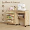 Folding Sewing Table, Rolling Sewing Furniture, Barn Door Magnetic Closure, 2 Bins, Shelf, 18 Pegs, Natural