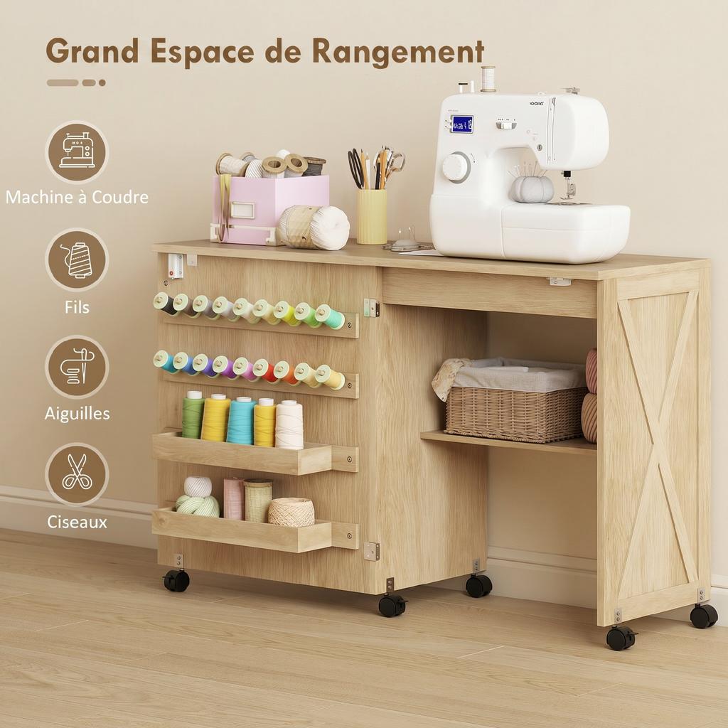 Folding Sewing Table, Rolling Sewing Furniture, Barn Door Magnetic Closure, 2 Bins, Shelf, 18 Pegs, Natural