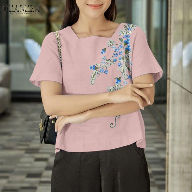ZANZEA Women Summer Square Collar Casual Short Sleeve Embroidery Blouse